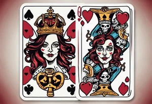A playing card that is the queen of hearts. The two faces on the card are famous pirates Mary Read and Anne Bonny tattoo idea