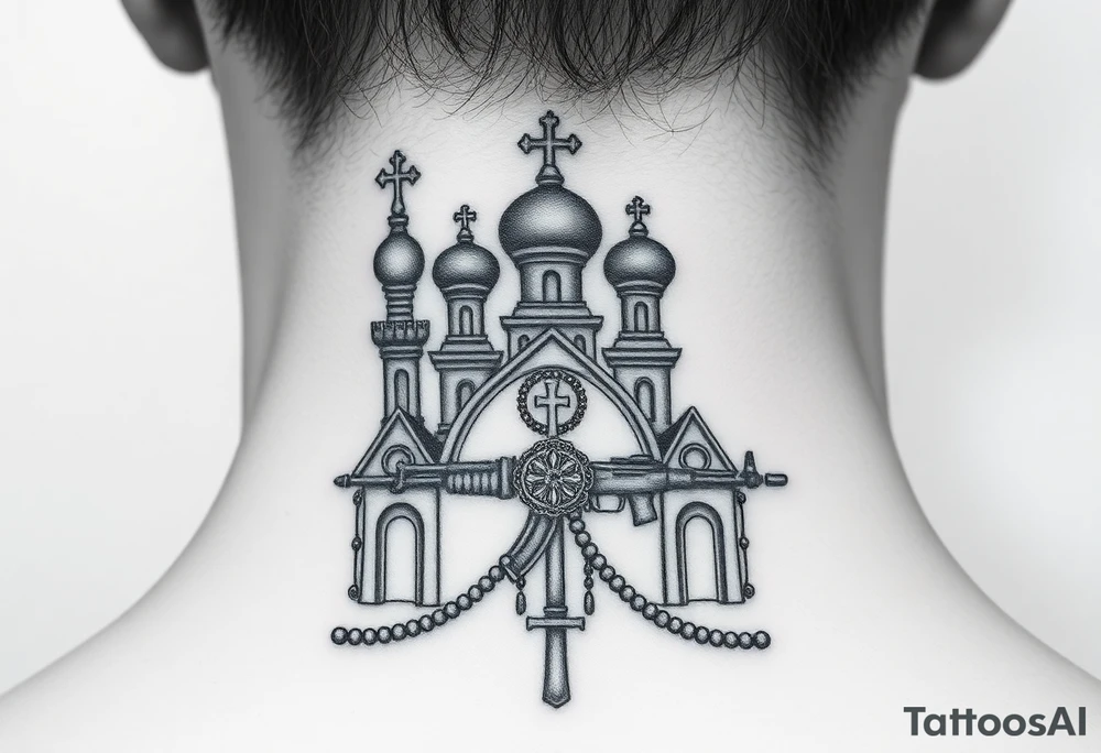 russian orthodox church with the crosses above being christian orthodox but in a AK47 style with a beaded orthodox thurible chain tattoo idea