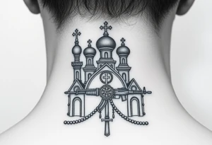 russian orthodox church with the crosses above being christian orthodox but in a AK47 style with a beaded orthodox thurible chain tattoo idea