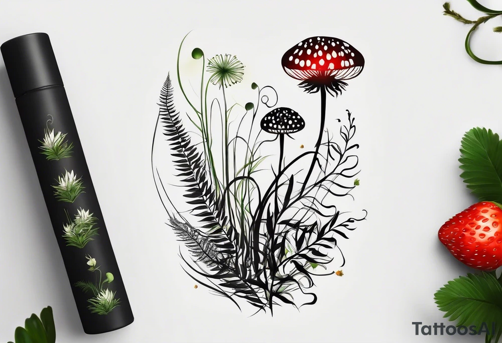 forest floor inspired minimalist tattoo, which includes grass, curly ferns and dead leaves as the bulk of the tattoo. details to include: three very tiny strawberries, a tiny bumblebee flying nearby, three small brown mushrooms
Generate a vertically long one tattoo idea