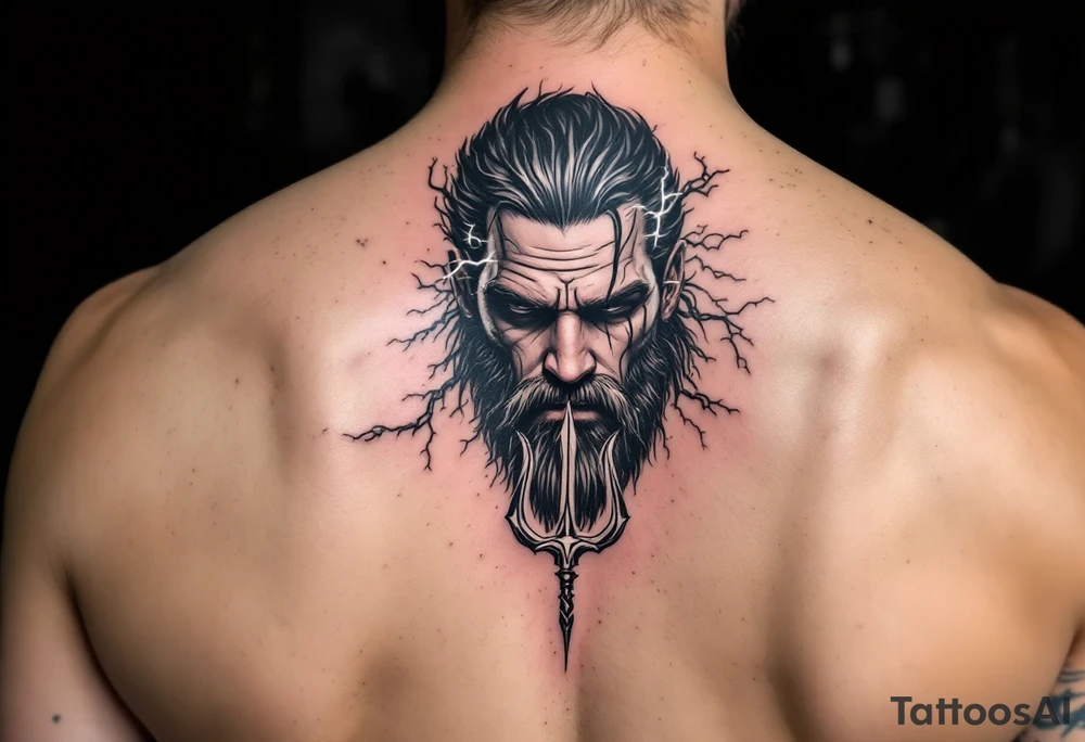 fit poseidon, behind a trident, with lightning tattoo idea