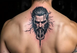 fit poseidon, behind a trident, with lightning tattoo idea