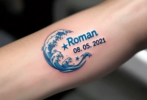 Name Roman with date 08. 05. 2021 in Deep blue ocean waves wrapping around Roman's birthdate, with seafoam white accents and a starfish design near the numbers. tattoo idea