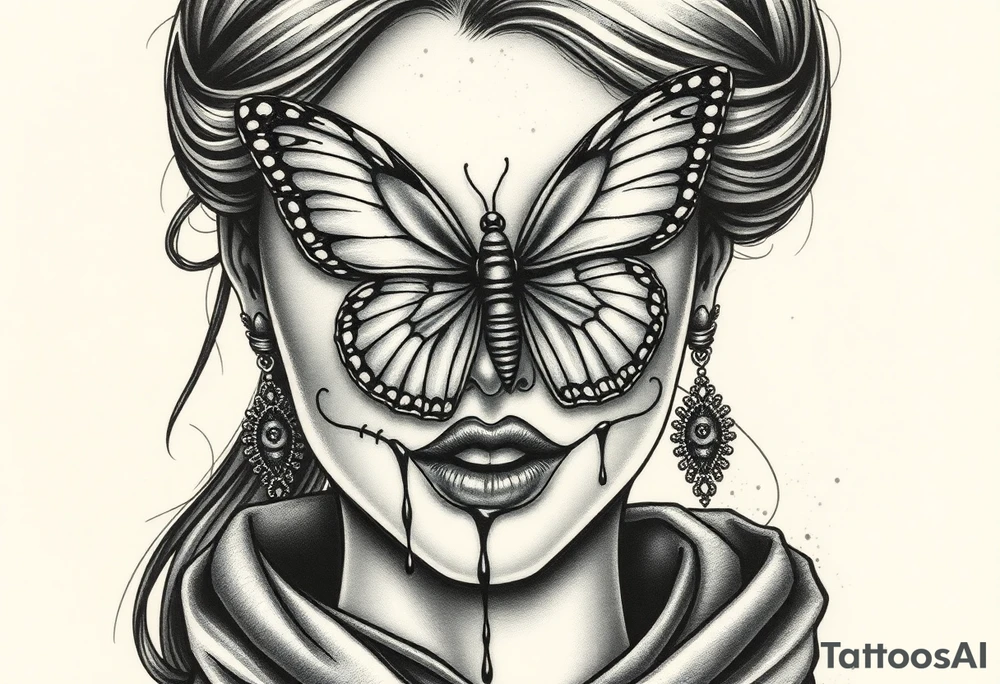 Black and grey realism tattoo design of a beautiful woman's face. And a butterfly landing g on her on the upper bridge of her nose so that the lower wings of the butterfly is covering both her eyes  the butterflys right lower wing is covering her right eye and the lower left of the butterfly wing is covering her left eye  (see no evil),her mouth where her lips are are stiched shut like with needle and thread firming little xs from the right side of her mouth to the left (speak no evil). Her ears are dripping blood that is steaming down her neck and cheek. The style is black and grey realism, hyper-realistic, dark, and evil. Incorporate ninja gear elements and mechanical details (gears) subtly into the background or clothing for a gear ninja evil look. Design for a full forearm sleeve placement tattoo idea