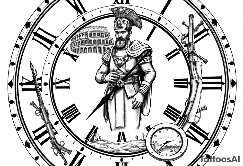 Imaginez une horloge affichant 6h40, avec des éléments symboliques autour. Au centre, un guerrier de l'époque napoléonienne, portant un uniforme traditionnel, se tient fier et déterminé. En arrière-plan, on peut voir des éléments architecturaux de Rome, comme le Colisée, qui évoquent la grandeur de l'Empire romain. À côté du guerrier, des armes emblématiques, telles que des sabres et des fusils, sont disposées. Enfin, dans le coin inférieur de l'image, des références aux guerres en Afrique, comme des paysages désertiques ou des cartes anciennes, ajoutent une dimension historique à l'ensemble. tattoo idea