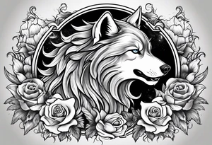 Raging storm with vicious wolf. Design for a chest piece.  Include roses and lilys tattoo idea