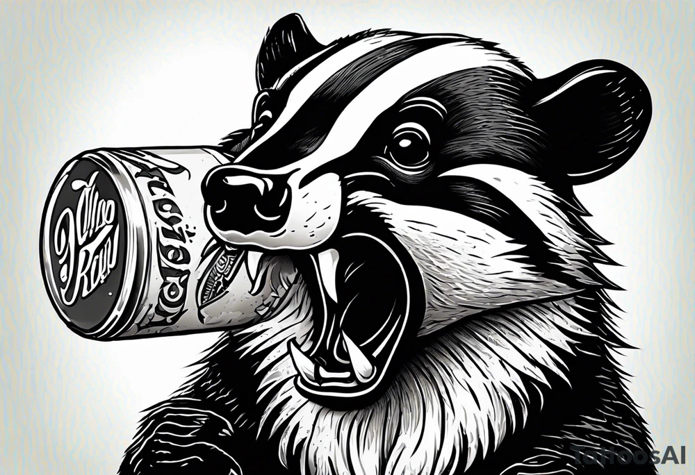 Angry badger with mouth open with soda can and chips in hands tattoo idea