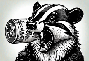 Angry badger with mouth open with soda can and chips in hands tattoo idea