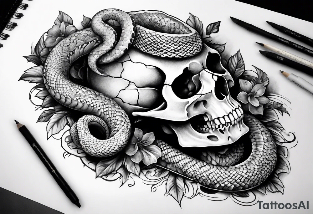 A skull with a snake wrapped around it and tossed bordering all of it tattoo idea