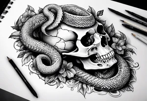 A skull with a snake wrapped around it and tossed bordering all of it tattoo idea