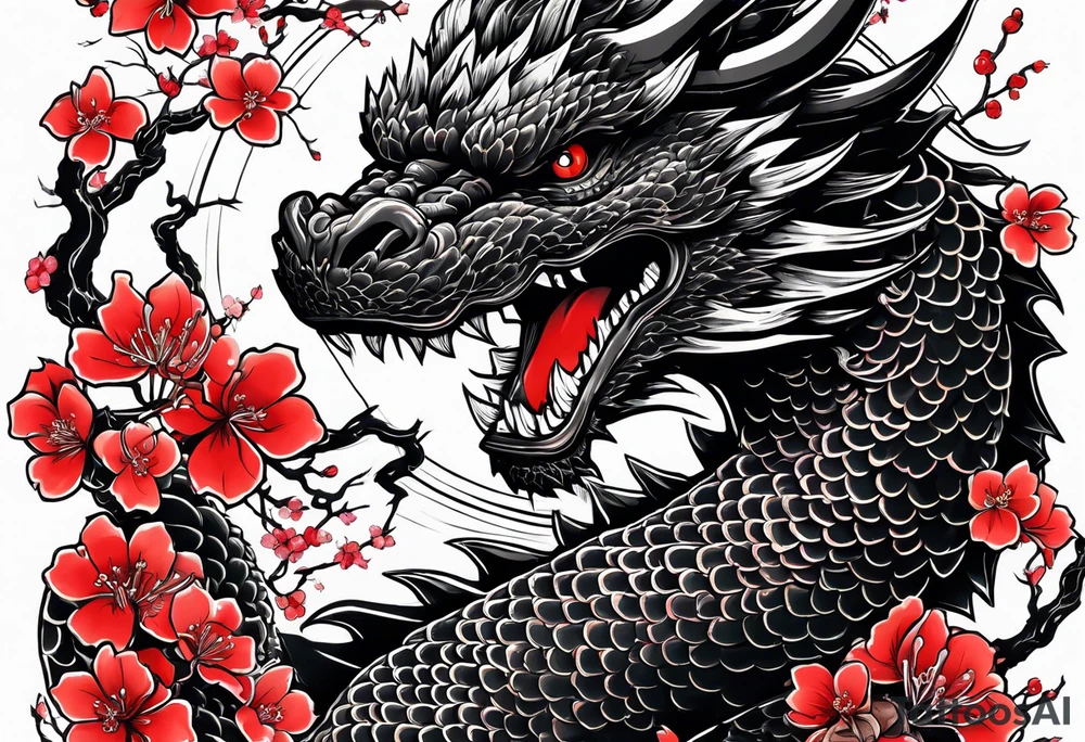 godzilla inspired dragon irezumi in black and red with water and lightning and cherry blossoms arm sleeve tattoo idea