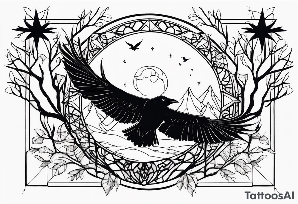 Raven diving, occult, mystical, knowing, light behind its eyes, ethereal, night sky and trees in the background tattoo idea