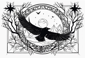 Raven diving, occult, mystical, knowing, light behind its eyes, ethereal, night sky and trees in the background tattoo idea