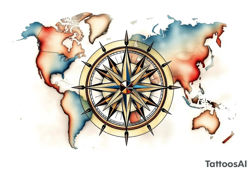 antique compass rose overlaid on weathered world map with sailing ships tattoo idea