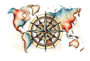 antique compass rose overlaid on weathered world map with sailing ships tattoo idea