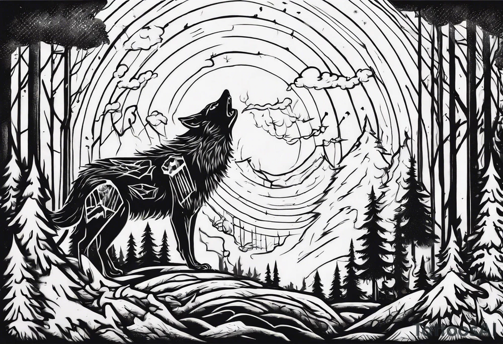 a thunder and lightning storm over a forest with a distant wolf howling and a drum circle tattoo idea a thunder and lightning storm over a forest with a distant wolf howling and a drum circle tattoo idea
