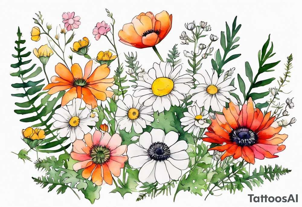simple wildflowers cascading with thistles, ferns, white anemones, sun flowers, red flowers, pink flowers, green flowers, buttercups, orange flowers, babys breath and daisies all in watercolor tattoo idea
