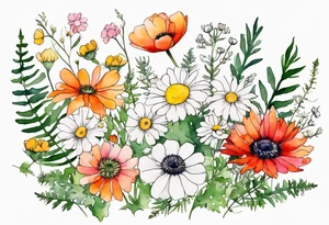 simple wildflowers cascading with thistles, ferns, white anemones, sun flowers, red flowers, pink flowers, green flowers, buttercups, orange flowers, babys breath and daisies all in watercolor tattoo idea