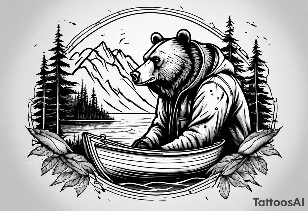 bear head right above the forest line with a lake below with a small fishermans boat floating on it, full arm sleeve tattoo tattoo idea