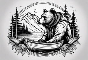 bear head right above the forest line with a lake below with a small fishermans boat floating on it, full arm sleeve tattoo tattoo idea