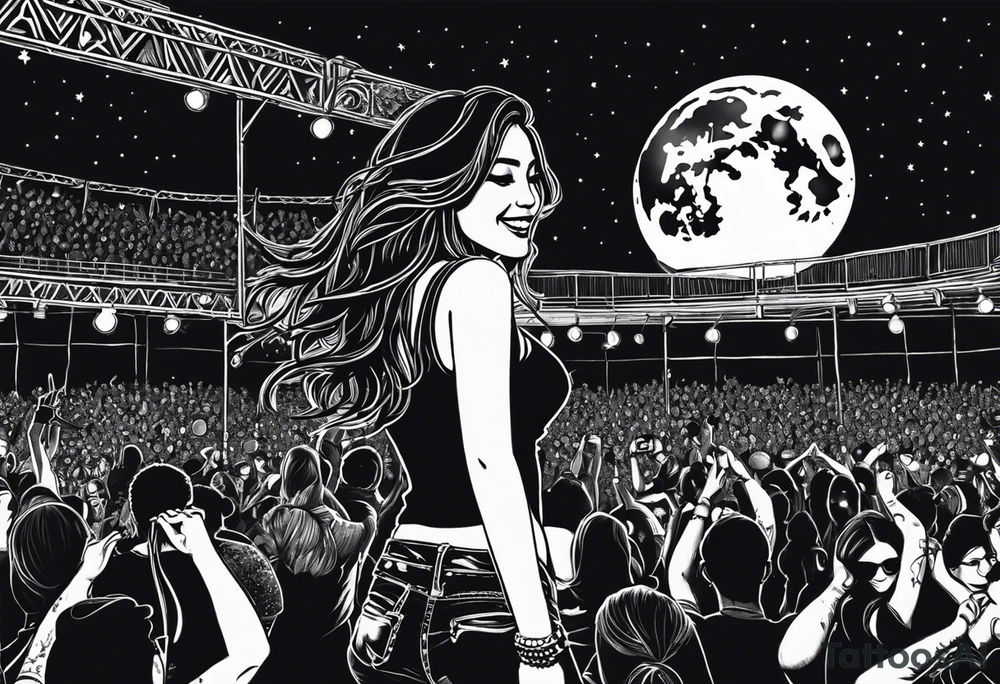 A girl at a night-time outdoor concert in the crowd smiling and dancing. The frame should be looking from behind her so you can still see the band playing in background with the moon in the sky. tattoo idea