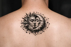 celestial sun and moon embrace with constellation patterns tattoo idea