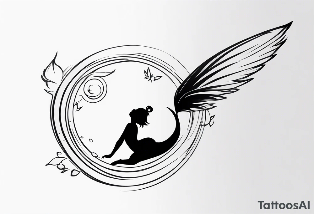 Minimalistic, monochromatic fairy with a tail flying to the left in a fetal position, leaning and looking in the same direction, with visible hands, embodying the 'Fairy Tail' logo aesthetic. tattoo idea