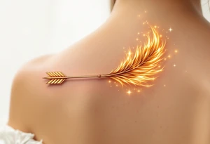 A golden arrow with a phoenix feather tail, engulfed in a soft glow, symbolizing rebirth and transformation. tattoo idea