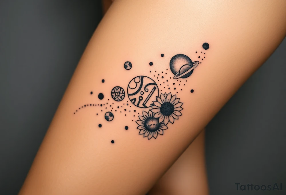 Milky way galaxy with planets with zodiac symbols and protection runes in it with tigerlillies roses and sunflowers tattoo idea