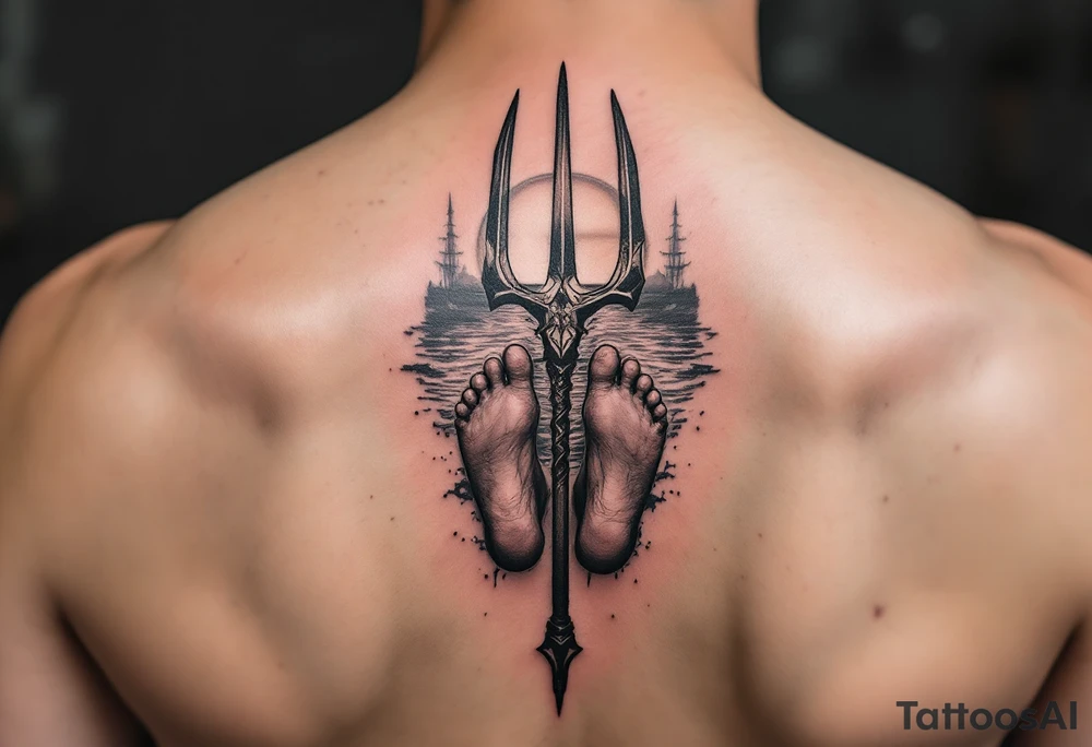 barefeet behind trident with water and sunset tattoo idea