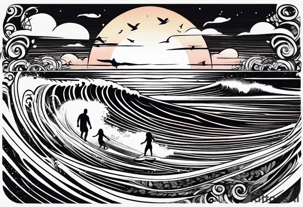 A father surfing with his daughters.  One daughter had pigtails.  The other daughter is holding his hand.  There is a sunset and birds flying.  The surfboard has musical design elements. tattoo idea