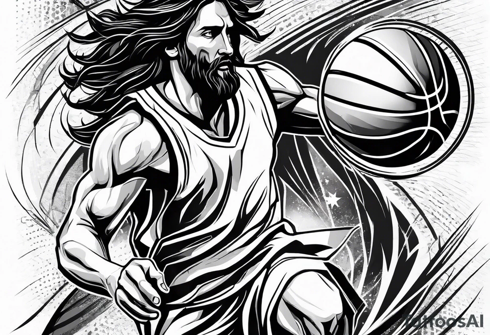 jesus christ playing basketball against messi tattoo idea