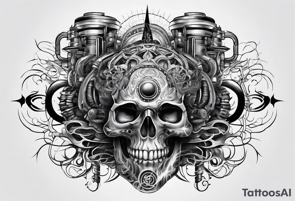 ship like design of a biomechanical brain that is burning tattoo idea