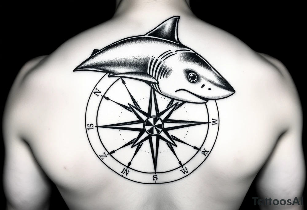 "A detailed black and grey tattoo design combining the top-down view of a shark with a compass. The shark should appear as if swimming across or emerging from the compass. The compass has intricate, sharp-edged needles and classic directional markings (N, S, E, W). The style is realistic with fine linework and light dot shading, suitable for forearm or upper arm placement. Bold yet elegant composition with oceanic and navigational symbolism." tattoo idea