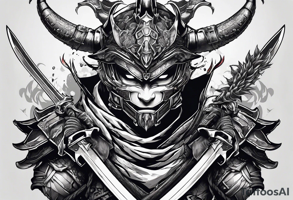 Angry Male Modern robot ninja with demon mask with swords in hands fighting dragon tattoo idea