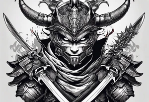 Angry Male Modern robot ninja with demon mask with swords in hands fighting dragon tattoo idea