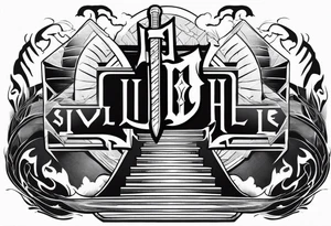 Valhalla sword shield axe 
stairs fog tattoo idea