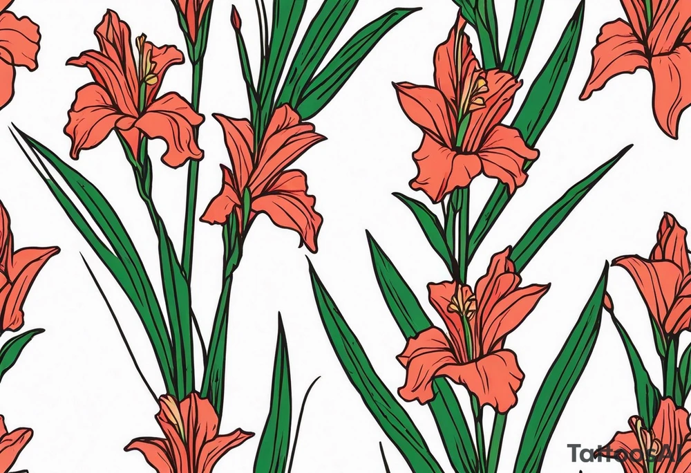 one single, thin, narrow gladiolus stalk. green leaves. coral-colored flowers with deep red centers. tattoo idea