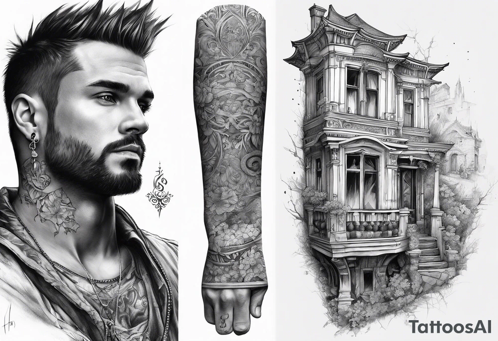 fool sleeve,, abandoned old gotic house, broken sword tattoo idea