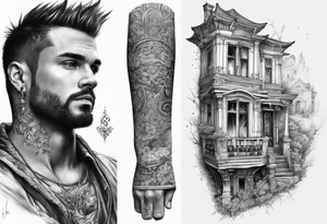 fool sleeve,, abandoned old gotic house, broken sword tattoo idea