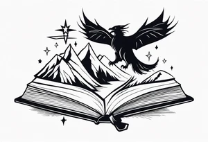 an open fantasy book. a flying dragon. A pawn chess piece. a sword. A raven. Stars with three mountain peaks tattoo idea