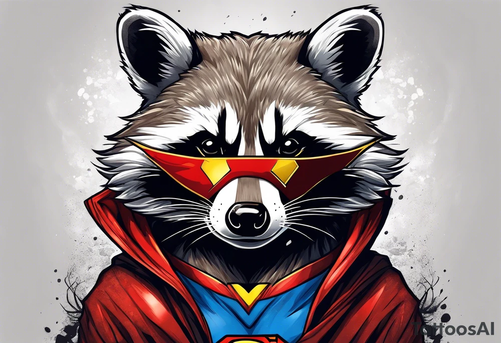 raccoon wearing a Superman hoodie tattoo idea