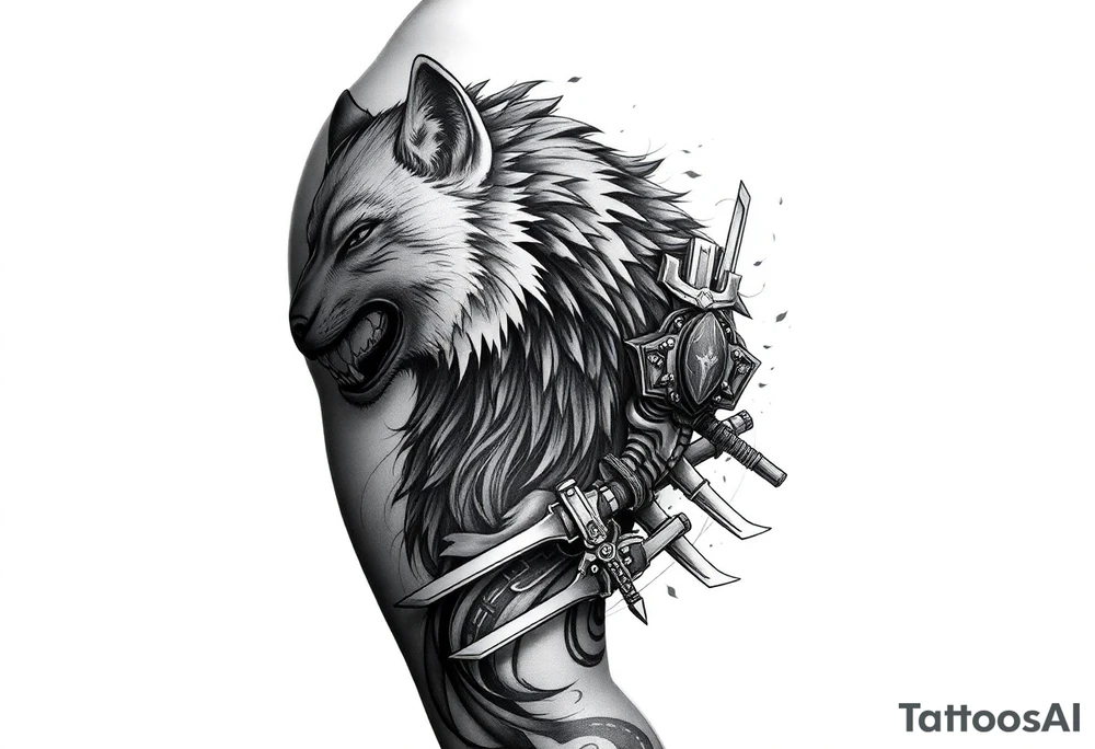 Arm Tattoo.

Hyper realistic Wolf, Samurai, with additional complexity tattoo idea