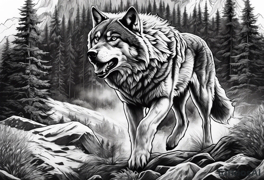 Detailed powerful angry AlphaWolf in Front of a scary forest tattoo idea