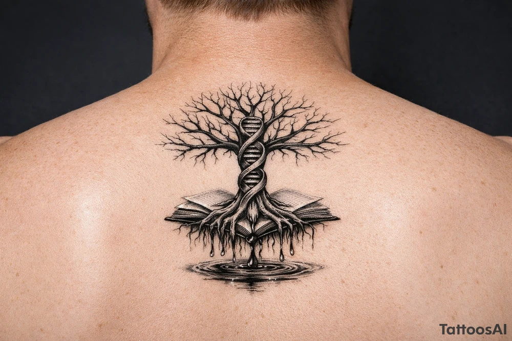 tree of life with a dna spiral for the trunk, bare branches spreading out at different lengths, and roots sprouting through open books, with water dripping from the roots into a puddle tattoo idea