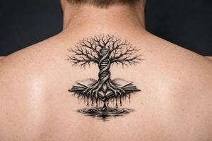 tree of life with a dna spiral for the trunk, bare branches spreading out at different lengths, and roots sprouting through open books, with water dripping from the roots into a puddle tattoo idea