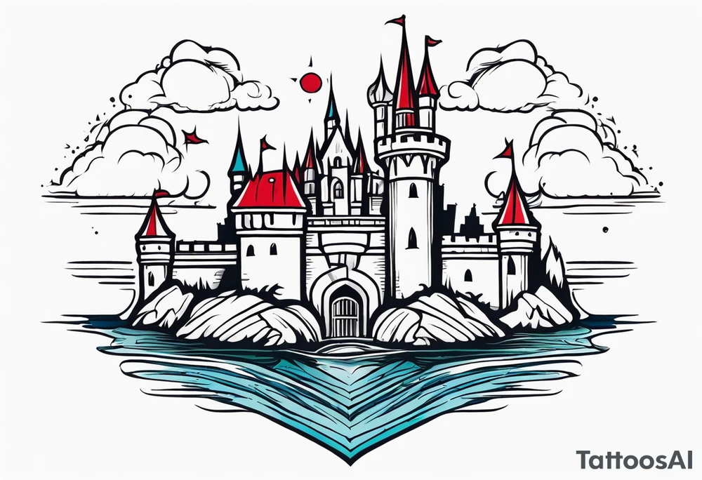 castle vintage tattoo style old school traditional bold color tattoo idea