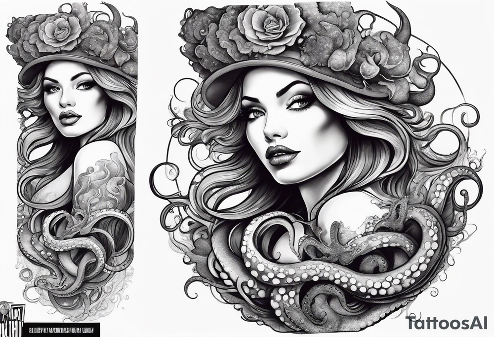 Sea witch with octopus tentacles pinup style tattoo idea