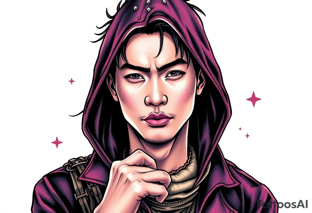Handsome Asian young guy is a witch hunter tattoo idea