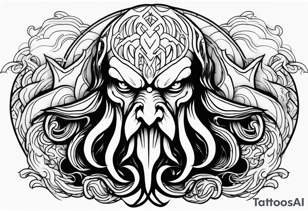 Cthulhu face surrounded by storm clouds with white lightning tattoo idea Cthulhu face surrounded by storm clouds with white lightning tattoo idea